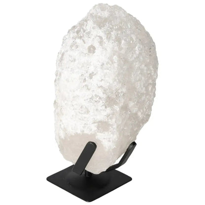 Quartz Crystal Bubble by Sylvia Crystals, featuring a dazzling, handpicked formation on a sleek black stand, ideal for spiritual healing.