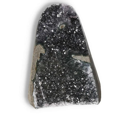 Quartz Cut Base Geode with sparkling crystal interior, showcasing rich hues and intricate patterns, from Sylvia Crystals.