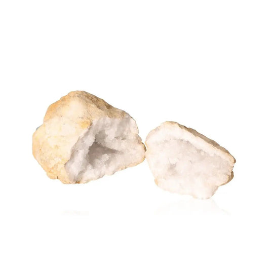Quartz geode with rugged exterior, revealing milky white crystals inside, weighing 1200-2000g, showcasing natural beauty and energy properties.