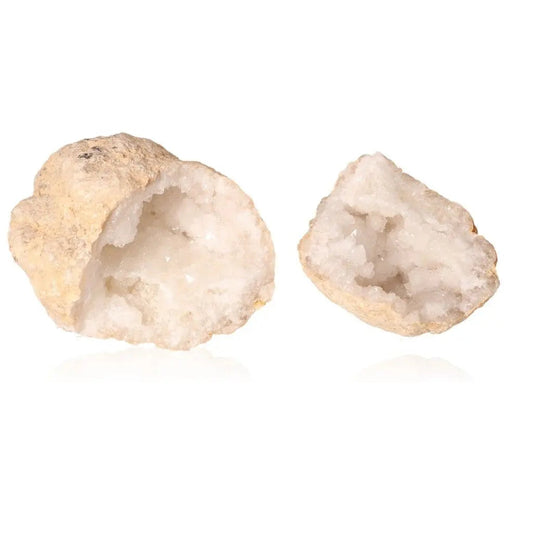 Quartz geode split open showing sparkling white crystals inside, perfect for energy purification and home decor.