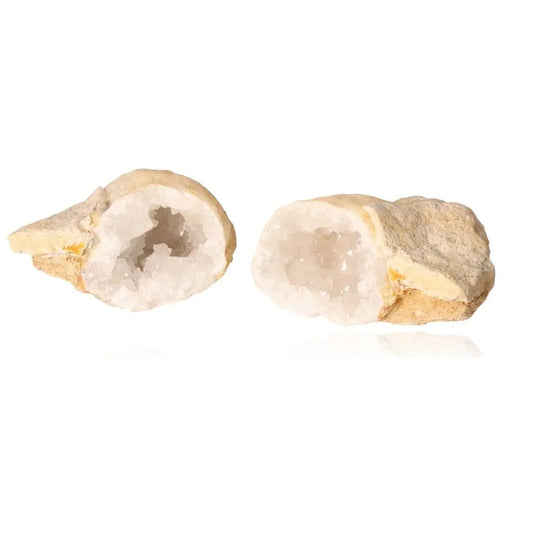 Milky Quartz Geode showing rugged exterior and crystalline interior, 400-600g, for tranquility and positive energy.