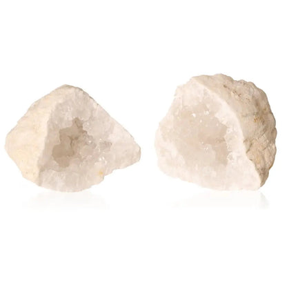 Quartz Geode showcasing rough exterior and sparkling white crystal interior, weighing 400-600g, ideal for energy purification and tranquility.