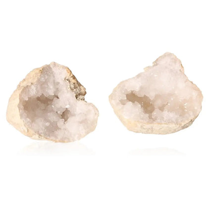 Open Quartz Geode showcasing milky quartz crystals, 400-600g, displaying natural elegance and earthy exterior.