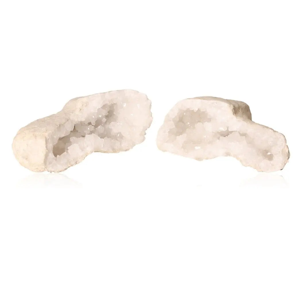 Quartz geode with sparkling cloudy white crystals, showcasing natural beauty and tranquility. Ideal decorative piece for any space.