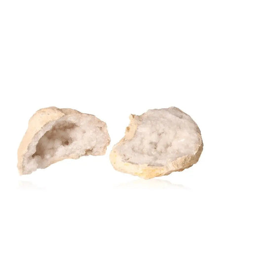 Quartz Geode (700-900g) showcasing sparkling white crystals inside a rugged shell, ideal for spiritual and emotional enhancement.