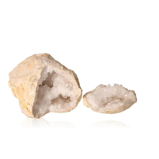 Quartz Geode with cloudy white crystals, weighing 700-900g, showcasing rugged exterior and sparkling interior for energy purification.