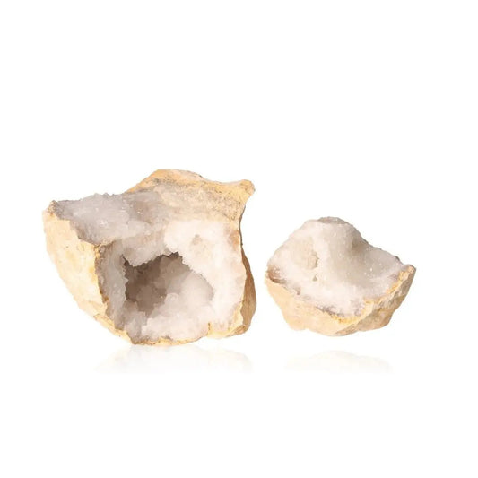 Quartz Geode with cloudy white crystals, 700-900g. Earthy shell enclosing sparkling core, showcasing nature's artistry and purity.
