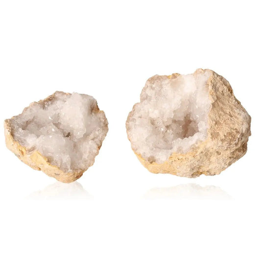 Open Quartz Geode displaying glistening milky crystals, highlighting natural beauty and elegance in a rugged shell; weight 700-900g.