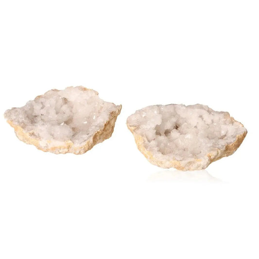 Open quartz geode revealing sparkling milky white crystals, showcasing natural beauty and purity, weighing 700-900g.