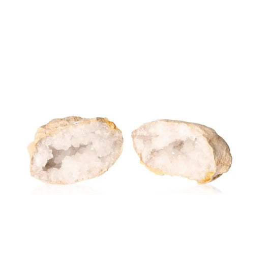 Quartz Geode (900-1200g) with sparkling cloudy white crystals inside exposed, showcasing its rugged outer shell and ethereal elegance.