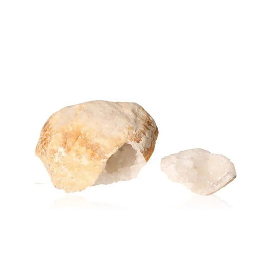 Quartz Geode showcasing its earthy outer shell and sparkling white crystals, weighing 900-1200g, enhancing tranquility and clarity.