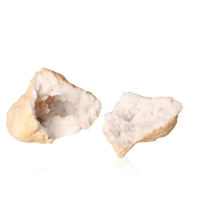 Quartz Geode split in half showcasing sparkling white crystals inside a rough, natural shell, weighing 900-1200g.