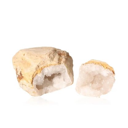 Quartz Geode with rugged shell and sparkling white crystals, weighs 900-1200g, showcasing natural beauty and mystique.