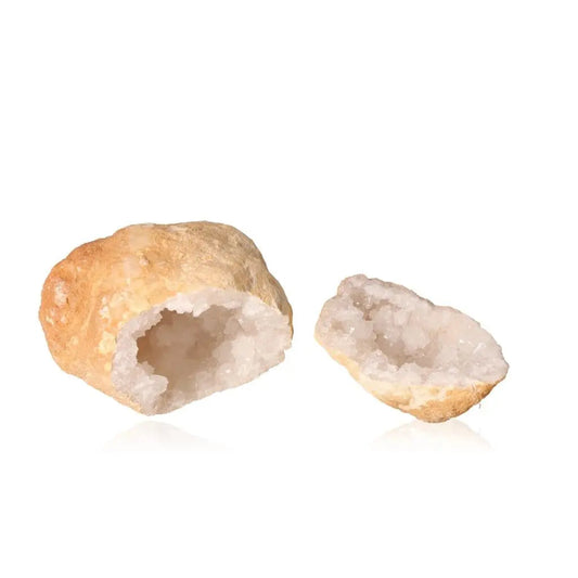 Quartz Geode (900-1200g) with sparkling white crystals, showcasing a rugged exterior and a captivating interior display of natural beauty.