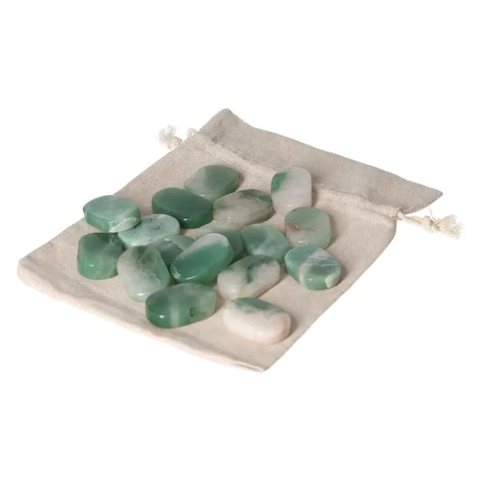 Quartz Green Bi-Color Antistress Thumb Massager stones on a fabric pouch, by Sylvia Crystals, for relaxation and tranquility.
