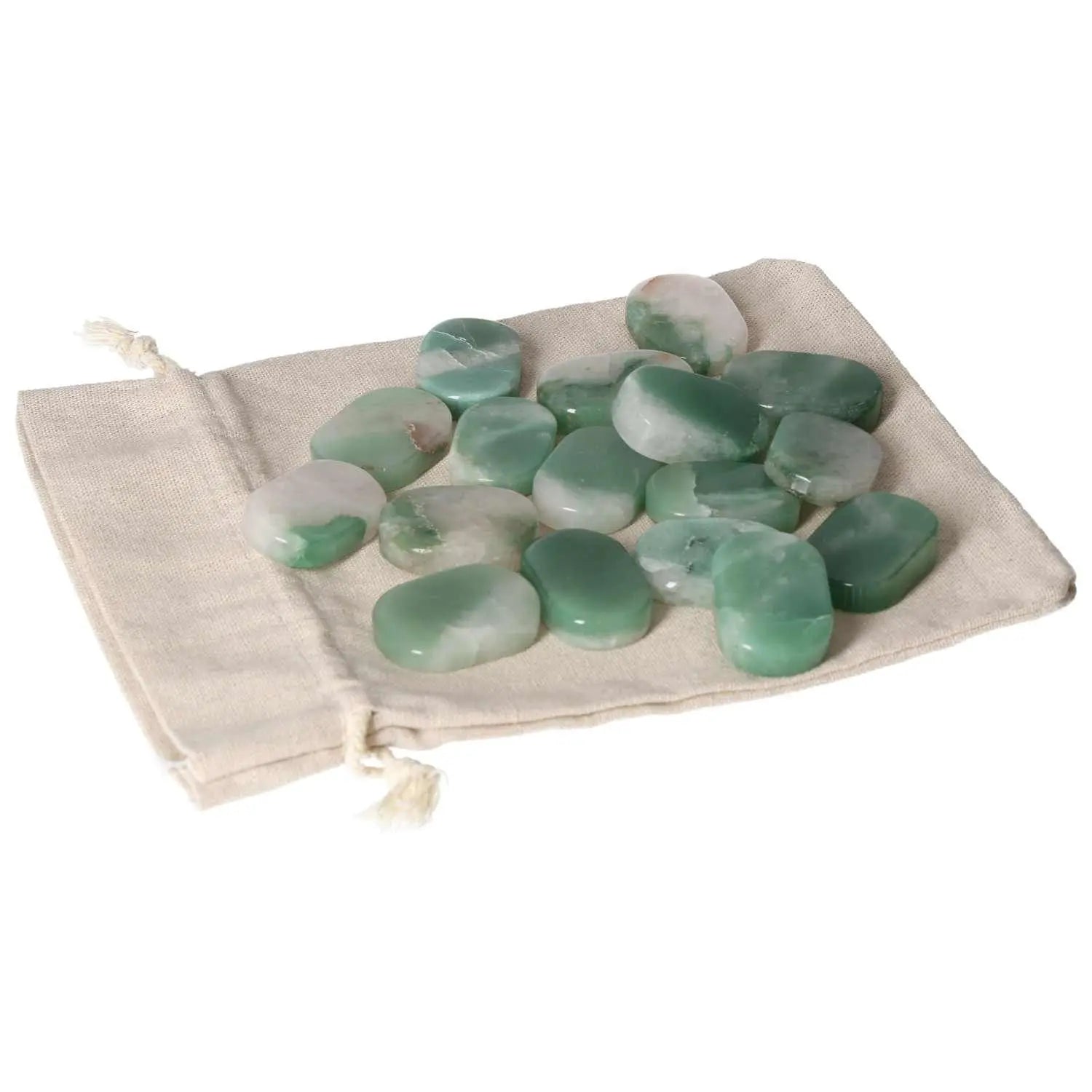 Quartz Green Bi-Color Antistress Thumb Massager stones on cloth pouch for relaxation and tranquility.