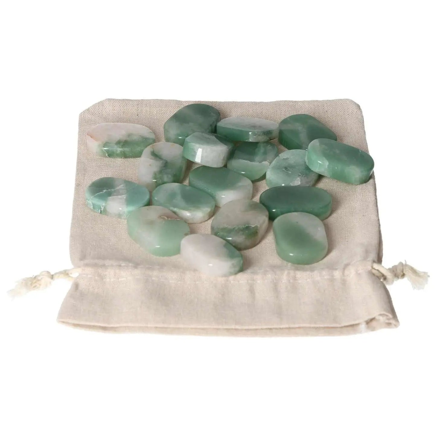 Green and white bi-color quartz stones on a beige pouch, perfect for antistress thumb massage and relaxation by Sylvia Crystals.