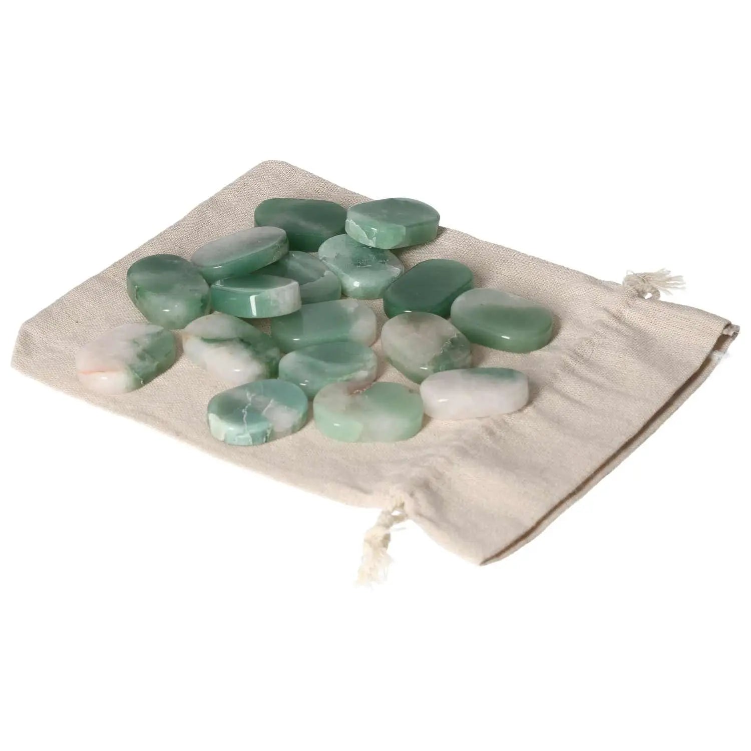 Quartz Green Bi-Color Antistress Thumb Massager stones on a beige fabric pouch, perfect for relaxation and luxury well-being.