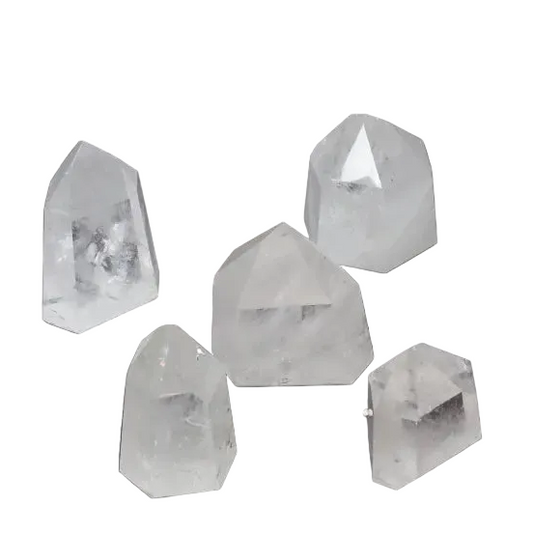 Set of five quartz obelisks, each weighing 1 kg, showcasing varied colors and elements, enhancing chakra and zodiac energy balance.