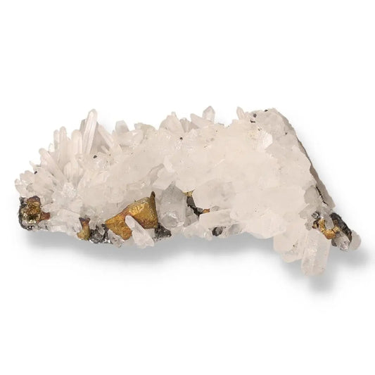 Quartz gemstone cluster showcasing natural crystal formations and golden mineral inclusions.