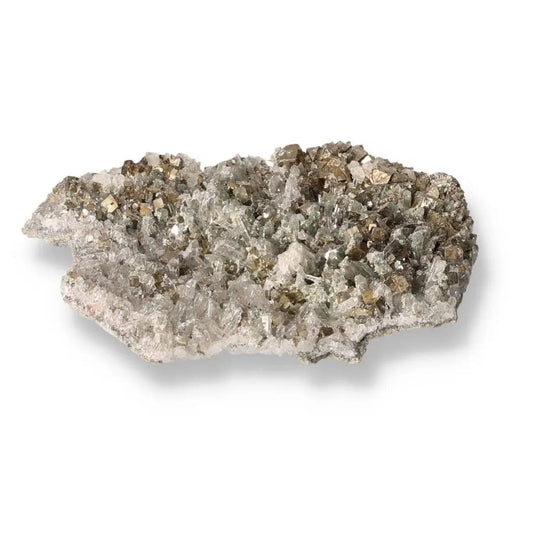 Quartz with Pyrite crystal cluster, showcasing radiant golden pyrite among clear quartz, symbolizing abundance and prosperity.