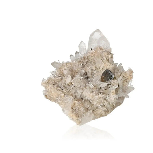 Quartz with sphalerite and chalcopyrite crystal cluster from Sylvia Crystals, showcasing luminescent clarity and unique textures.