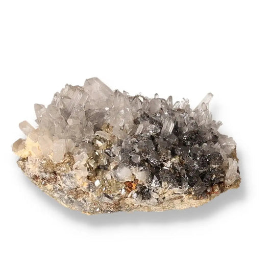 Quartz with Sphalerite and Pyrite crystal showcasing shimmering patterns and dynamic contrasts, a Sylvia Crystals premium selection.