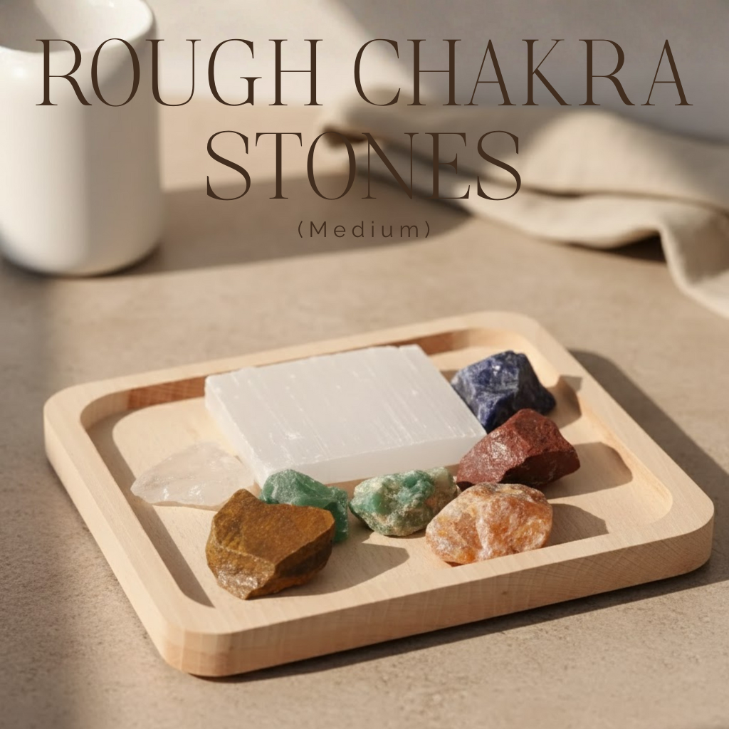 Roh-Chakra-Steine Größe M: 7-Chakra-Set mit Selenit-Ladeplatte