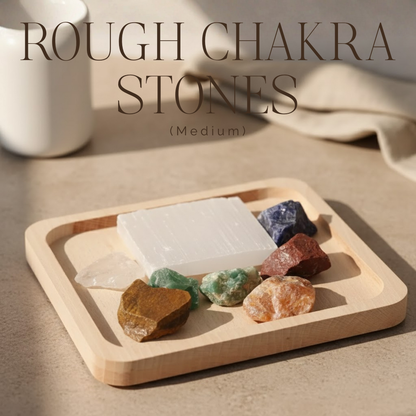 Roh-Chakra-Steine Größe M: 7-Chakra-Set mit Selenit-Ladeplatte