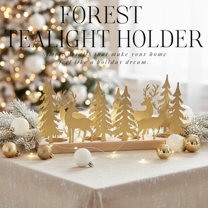 Adventsarrangement mit Teelichthalter im Winterwald-Design aus Holz/Metall/Glas Gold