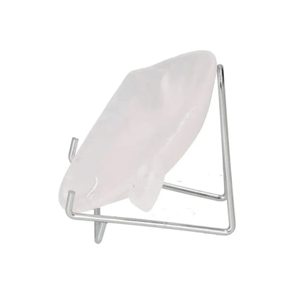 Side view of a rose onyx platter on a metal stand, showcasing its polished surface and rose-hued elegance.