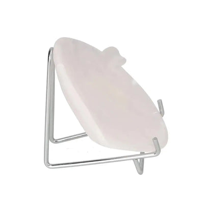 Rose Onyx Platter showcasing its elegant and natural beauty on a silver display stand, highlighting unique color and veining.