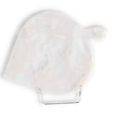 White onyx platter displayed on a stand against white background, showcasing its elegant marbled texture and smooth finish.