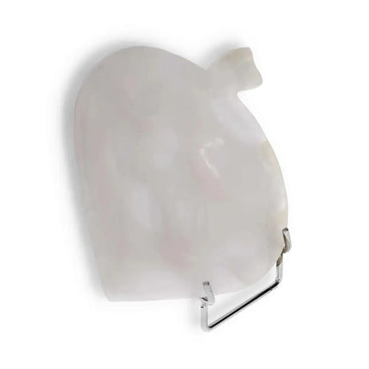 Rose Onyx Platter with unique veining, elegant for serving or decor, showcasing polished surface and soft warm tones on a stand.