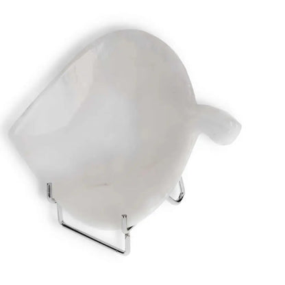 Elegant rose onyx platter with unique veining, displayed on a metal stand, highlighting its polished, soft pink surface.