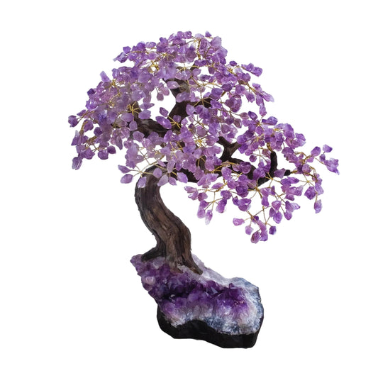 Elegant amethyst crystal bonsai tree with purple gemstone leaves, promoting tranquility and protection, 55 cm tall on a stone base.