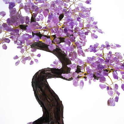 Amethyst crystal bonsai tree with purple gemstone leaves, promoting calming energy and spiritual harmony, 55 cm tall.