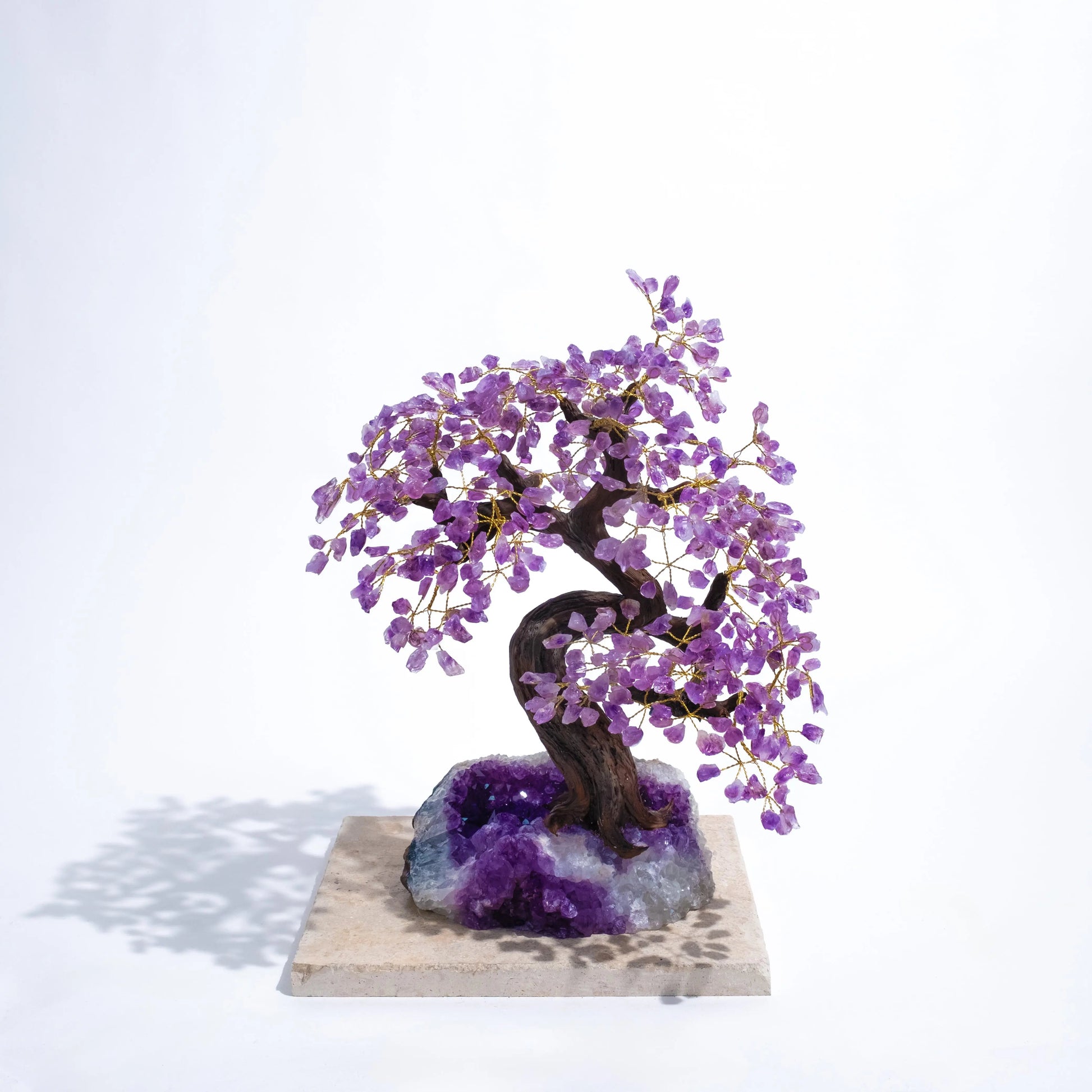 Amethyst Crystal Bonsai Tree with gemstone leaves on a stone base, offering calming energy and spiritual harmony, 55 cm tall.
