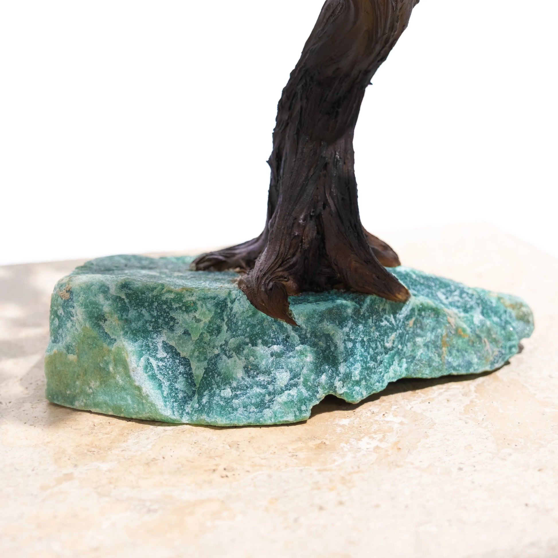 Close-up of Rough Aventurine Crystal base of a handcrafted Bonsai Tree, symbolizing prosperity and harmony, 40cm in height.