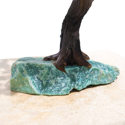 Close-up of Rough Aventurine Crystal base of a handcrafted Bonsai Tree, symbolizing prosperity and harmony, 40cm in height.