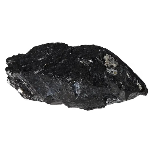 Raw Black Tourmaline Druze M crystal with natural texture, known for cleansing and transformative spiritual benefits from Sylvia Crystals.
