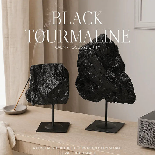Rough Black Tourmaline with Metal Stand L Sylvia Crystals Sp. z o.o.