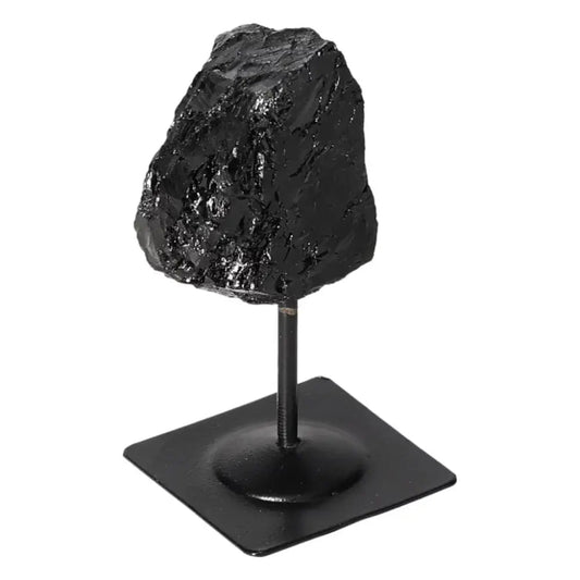Rough Black Tourmaline on Metal Stand S, handcrafted crystal for energy cleansing, from Sylvia Crystals.