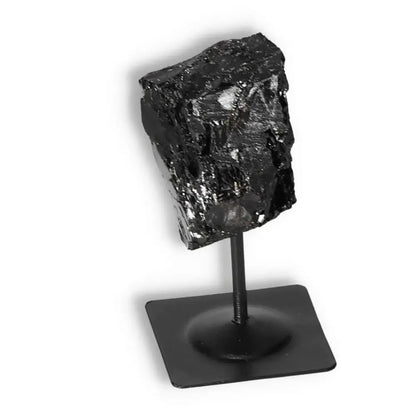 Rough Black Tourmaline with Metal Stand S from Sylvia Crystals, showcases natural elegance and cleansing energy potential.