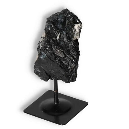 Rough Black Tourmaline with Metal Stand S, premium quality gemstone for energy cleansing by Sylvia Crystals.
