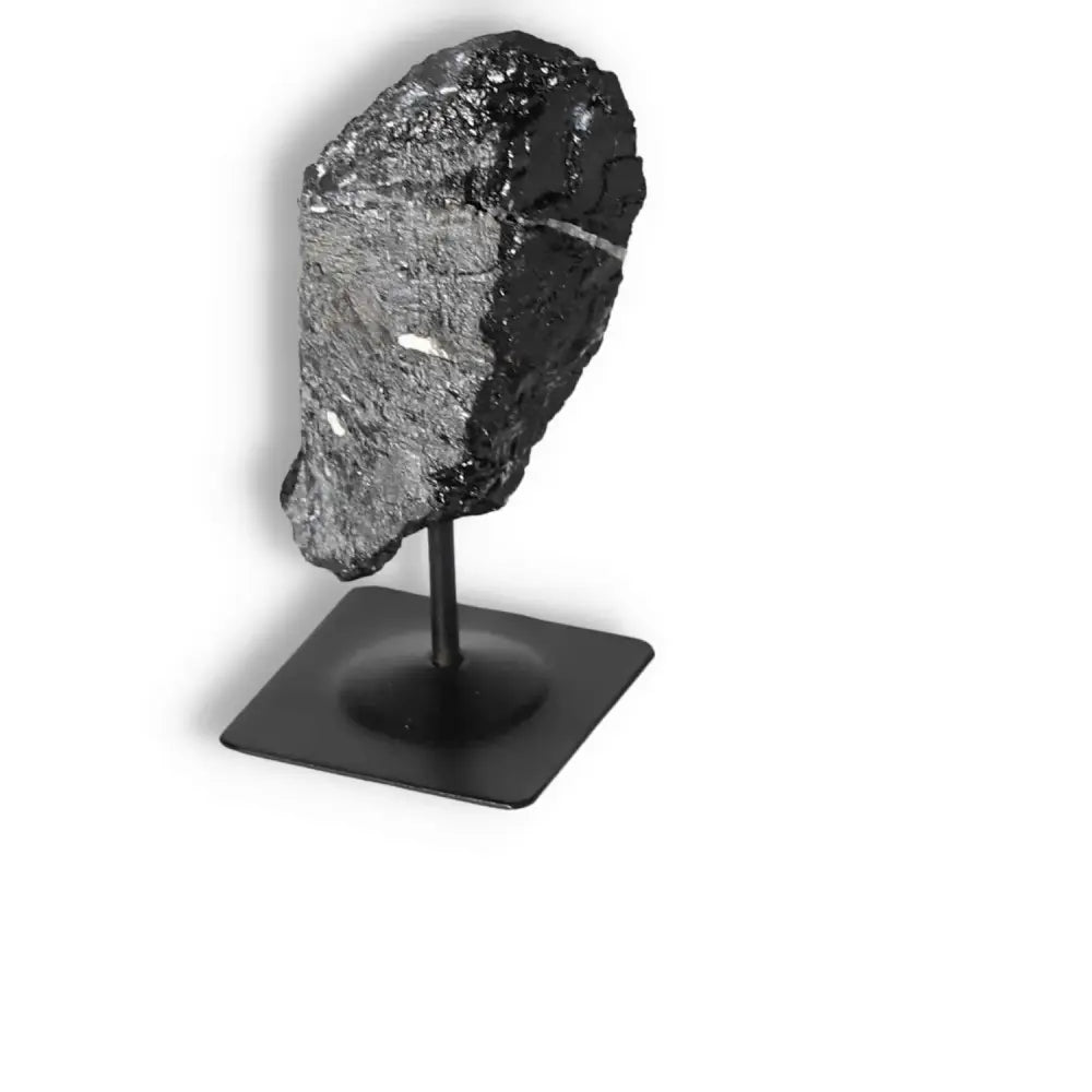 Rough Black Tourmaline with Metal Stand S, premium quality crystal for cleansing and protection from Sylvia Crystals.