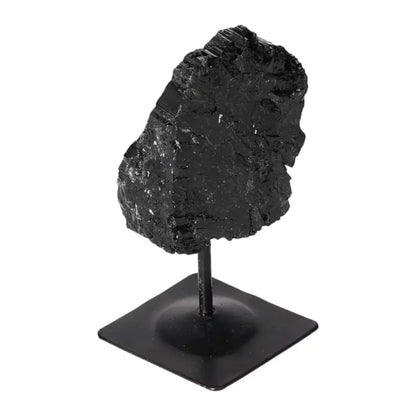 Rough Black Tourmaline on Metal Stand S by Sylvia Crystals, a powerful decor item for energy transformation and negative energy neutralization.