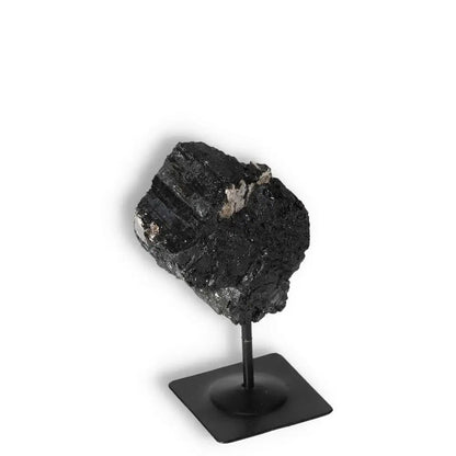 Rough Black Tourmaline on Metal Stand S, Sylvia Crystals, natural gemstone for energy purification and grounding, enhances concentration.