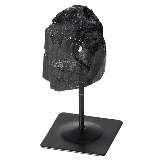 Rough Black Tourmaline on Metal Stand S from Sylvia Crystals, known for cleansing energies and promoting balance. Premium crystal decor.