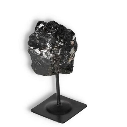 Rough Black Tourmaline with Metal Stand S by Sylvia Crystals, crystal for cleansing negative energies and stylish home décor.